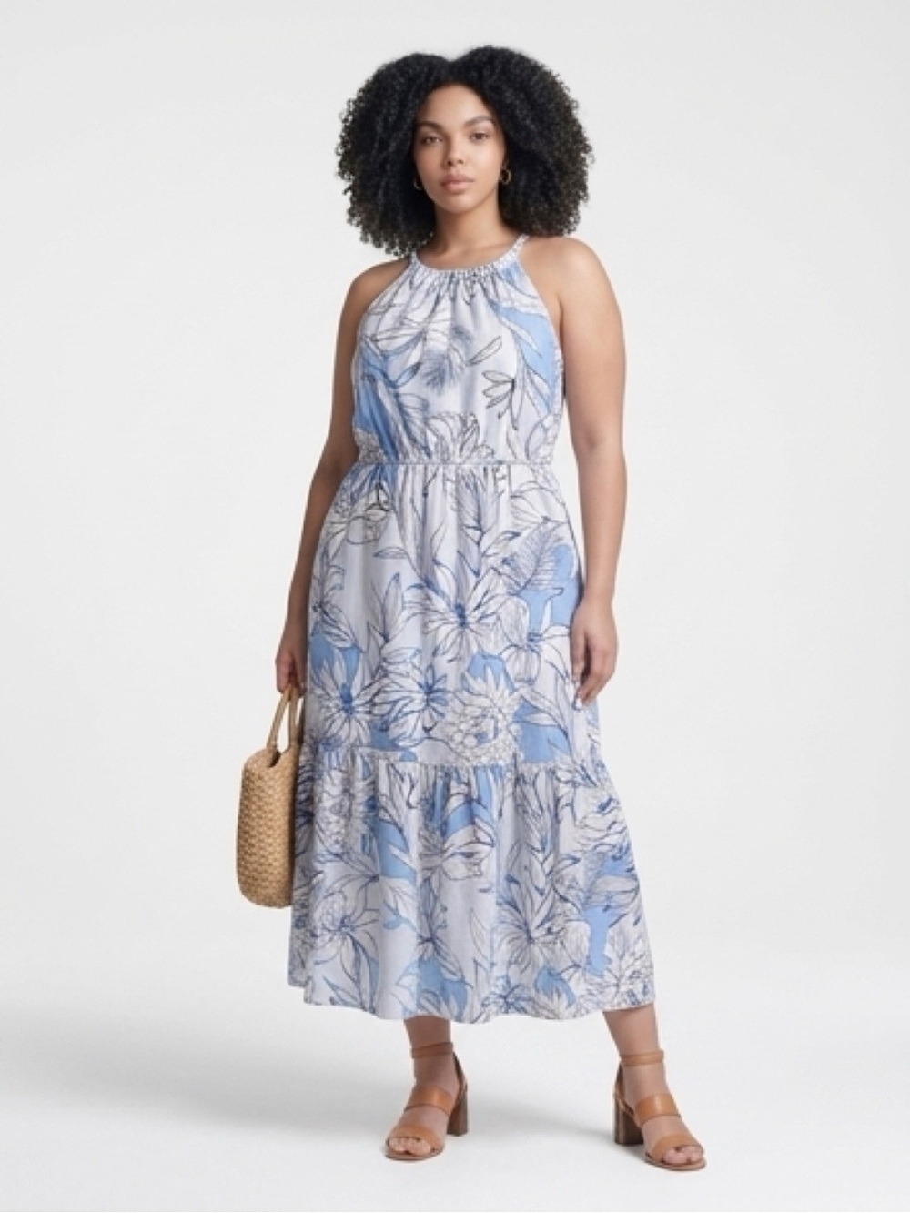 Halston Blue Floral coastal Maxi dress size medium
